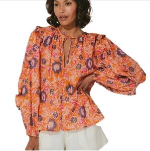 CLEOBELLA Talia Long Sleeve V-neck Orange Blouse With Ruffles And Tassles Top
